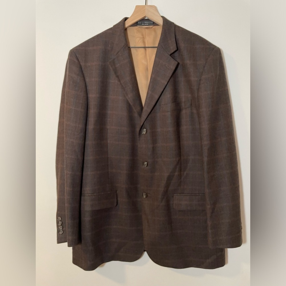 Haspel Brown 100% Lambswool Mens Suit Jacket Size 44 Long 3 Button Subtle Plaid